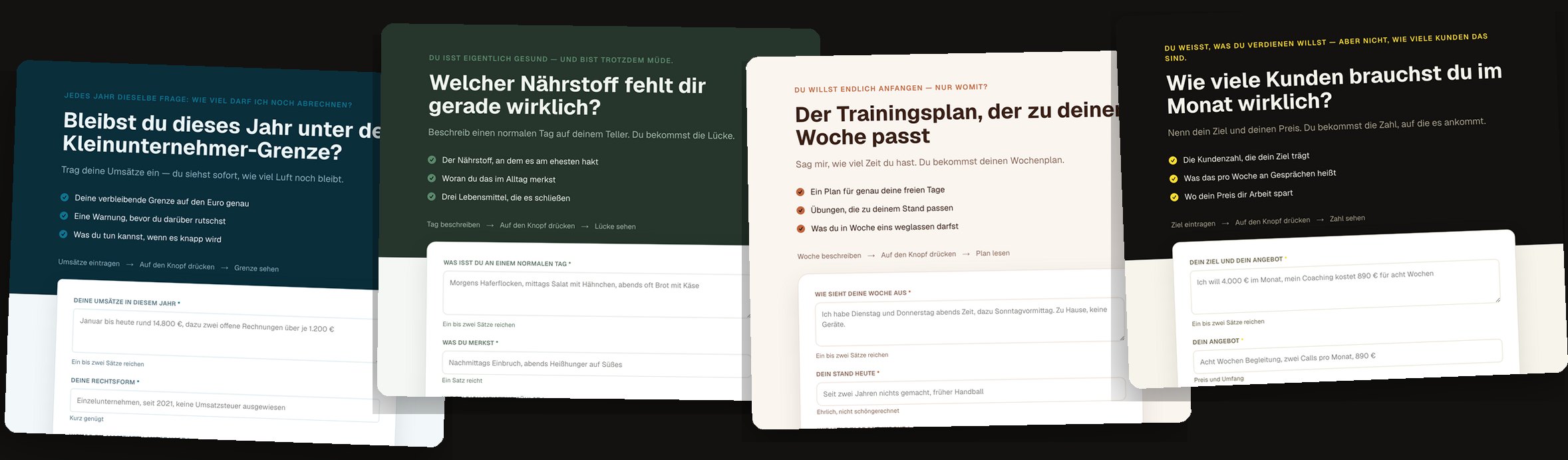 Vier Lead-Magnet-Seiten versetzt übereinander: ein blauer Kleinunternehmer-Check, ein grüner Nährstoff-Check, ein heller Trainingsplan und ein schwarz-gelber Kunden-Rechner.